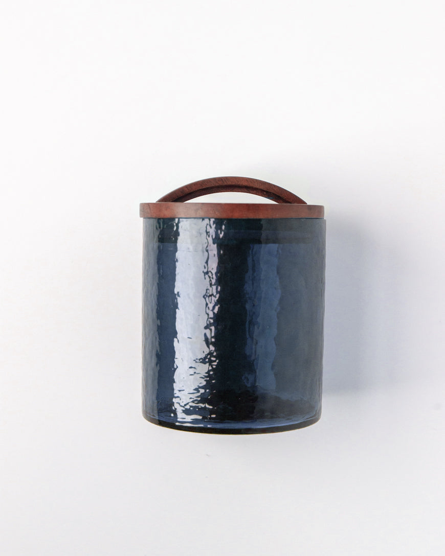 Small Handblown Hammered Glass Canisters with Wood Lid