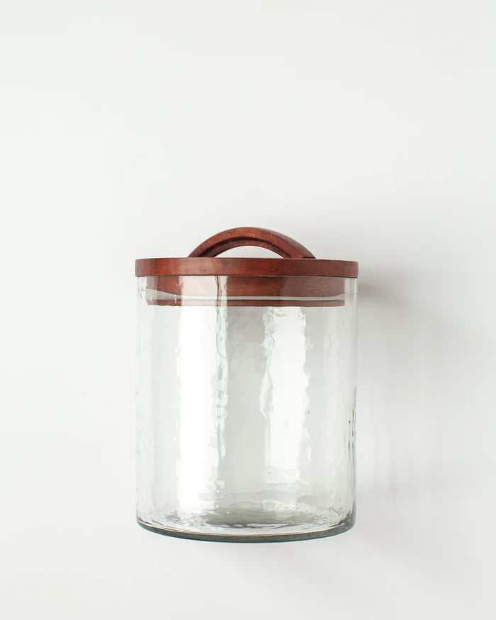 Small Handblown Hammered Glass Canisters with Wood Lid