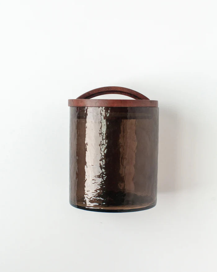 Small Handblown Hammered Glass Canisters with Wood Lid