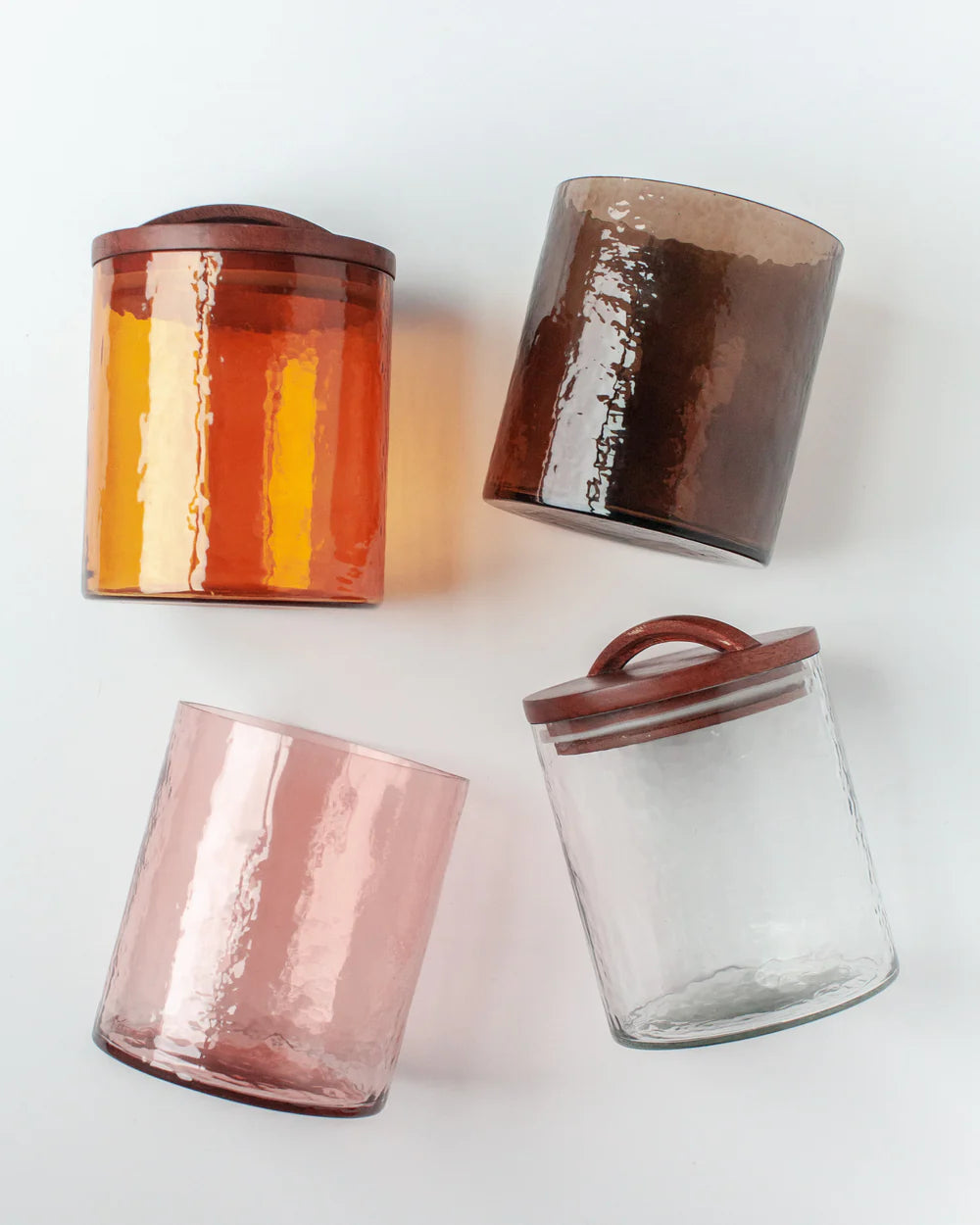 Small Handblown Hammered Glass Canisters with Wood Lid