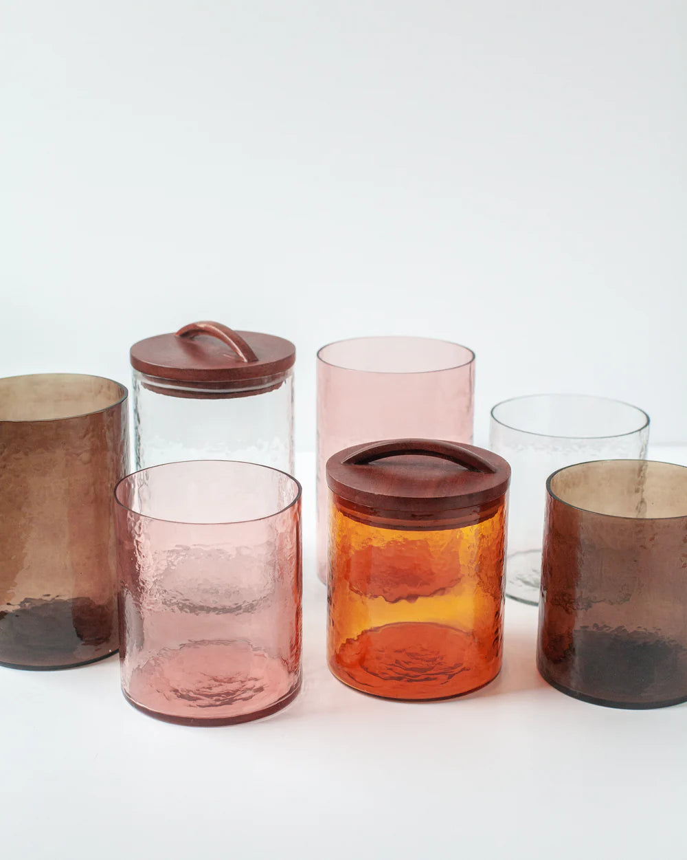 Small Handblown Hammered Glass Canisters with Wood Lid