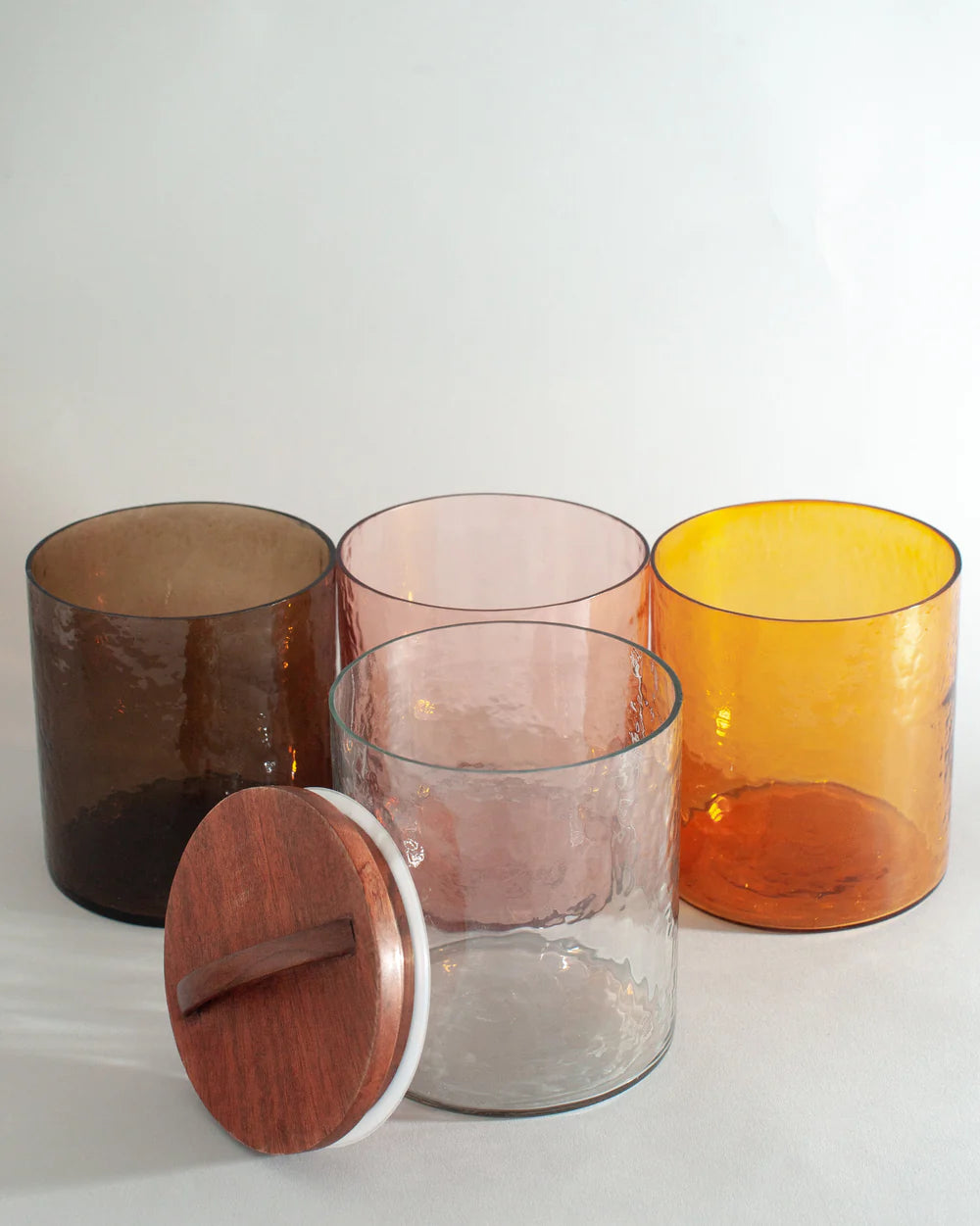 Small Handblown Hammered Glass Canisters with Wood Lid